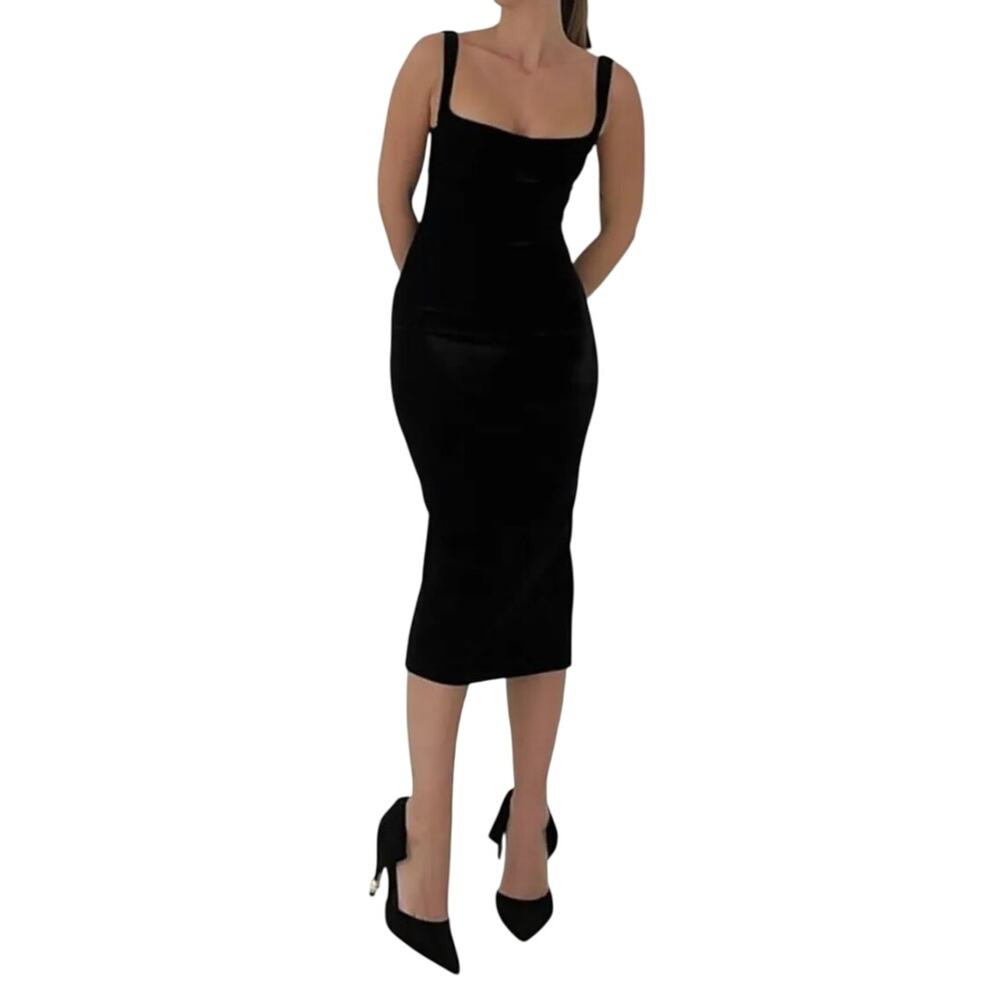 Rumored Runaway Midi Dress Black Velvet Large Underewire Bra Top Open Back Large